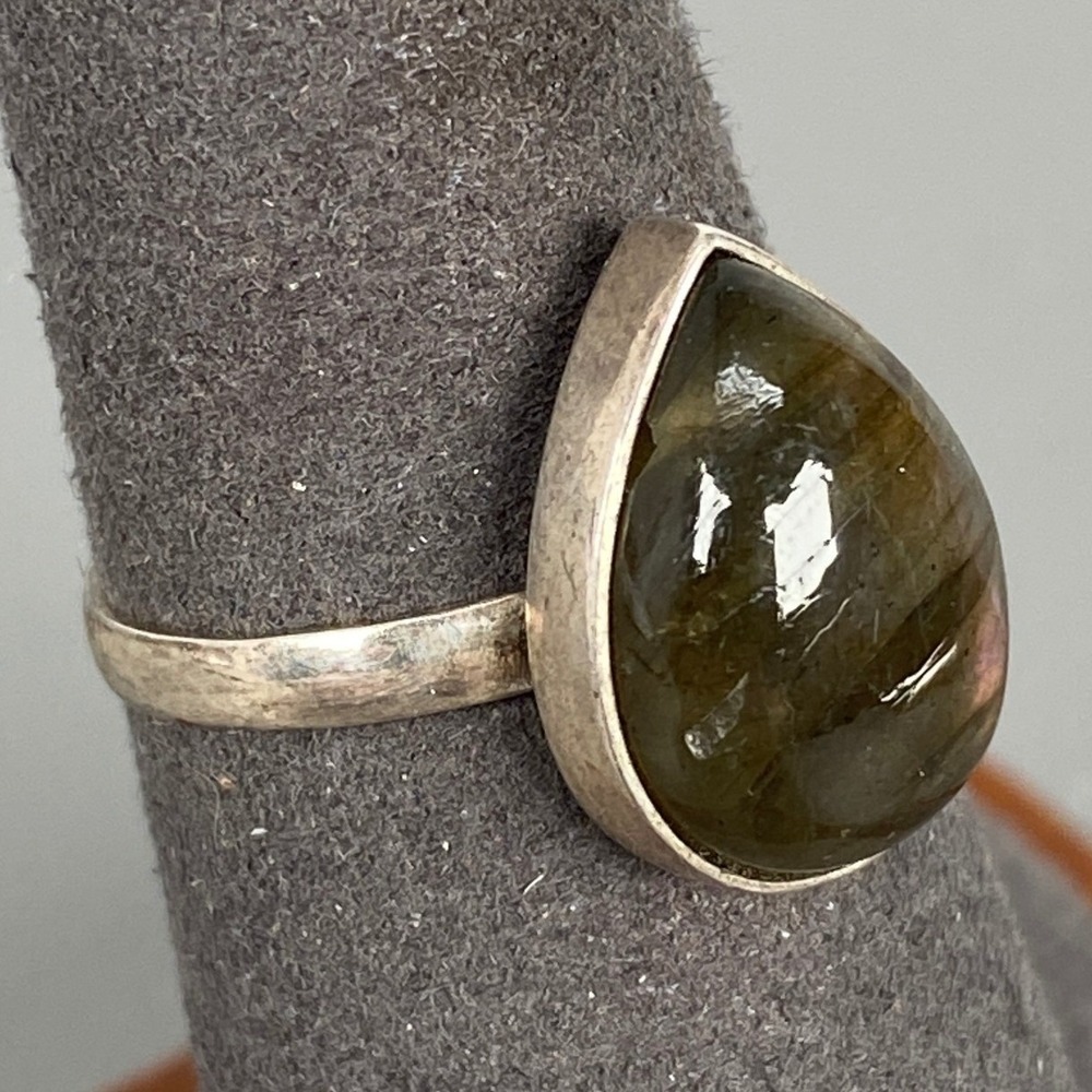 Elegant Sterling Silver Labradorite Teardrop Minimalist Solitaire Ring Size 6.5
